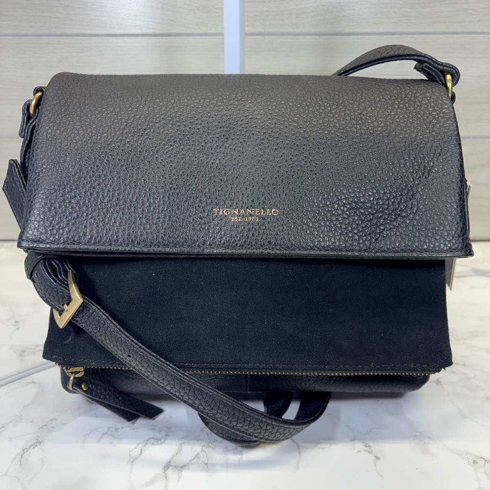 Tignanello Black Leather & Suede Messenger Bag